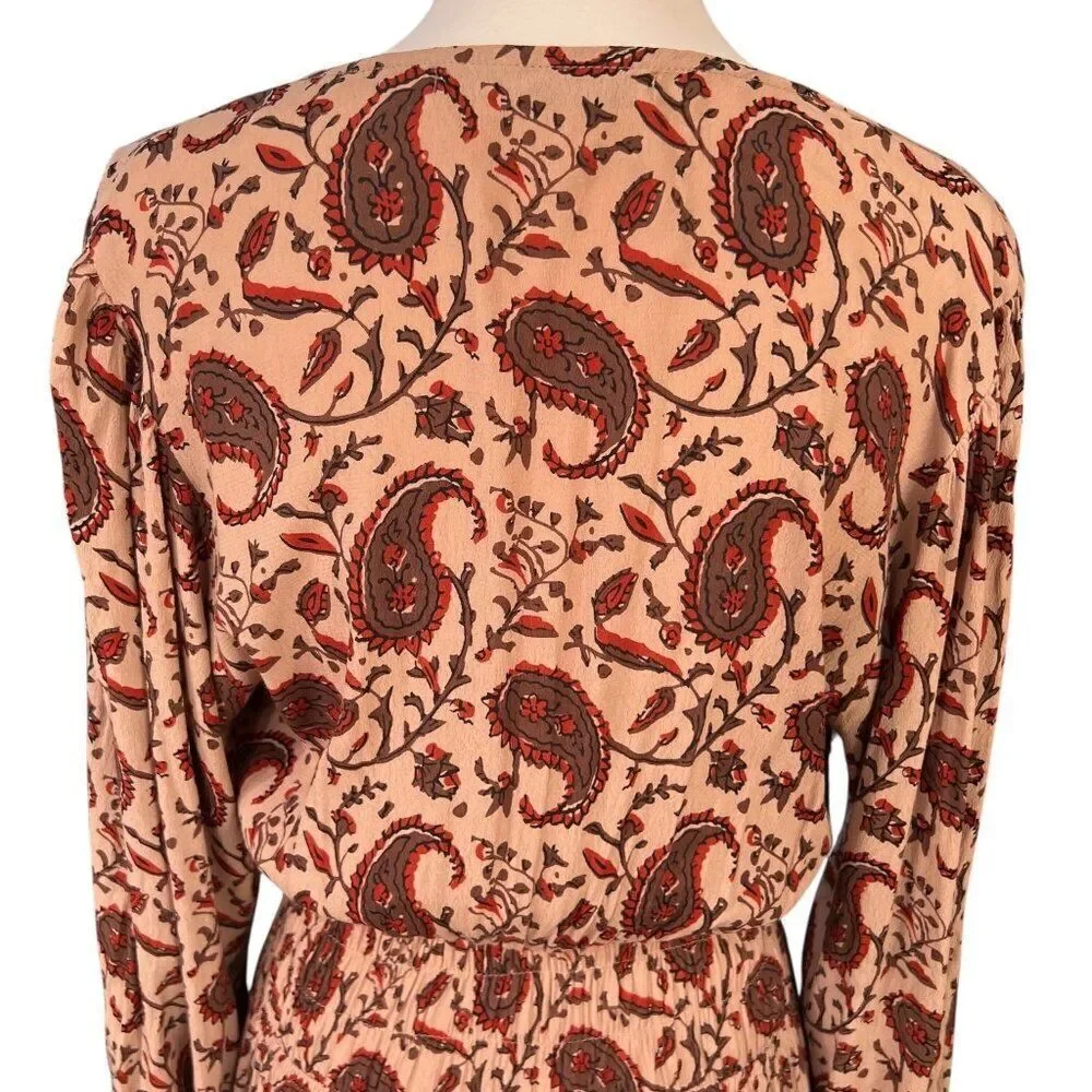 Anthropologie Lusana Paisley Printed Long Sleeve Slit Front Maxi Dress Size Med